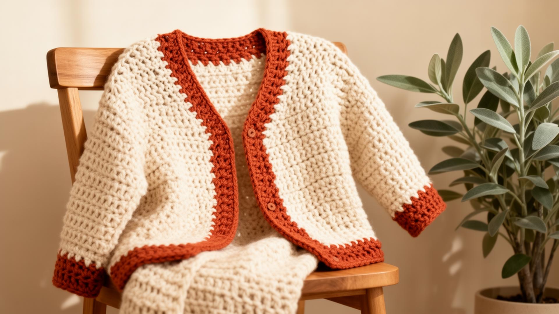 Handmade cream and terracotta crochet cardigan